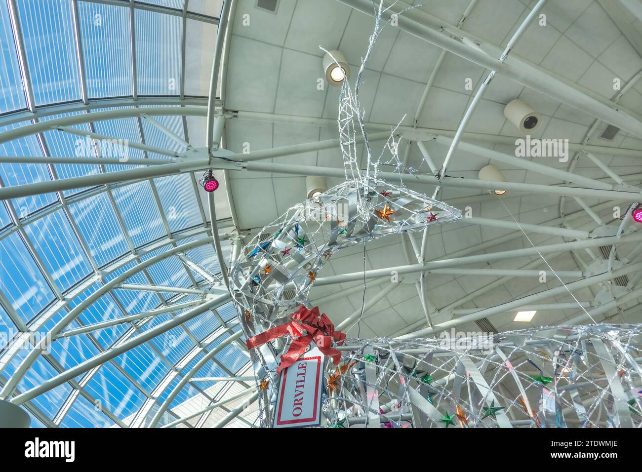 Guarda la gigantesca statua moderna delle renne durante il Natale all'aeroporto internazionale Charlotte Douglas di Charlotte, North Carolina. Foto Stock