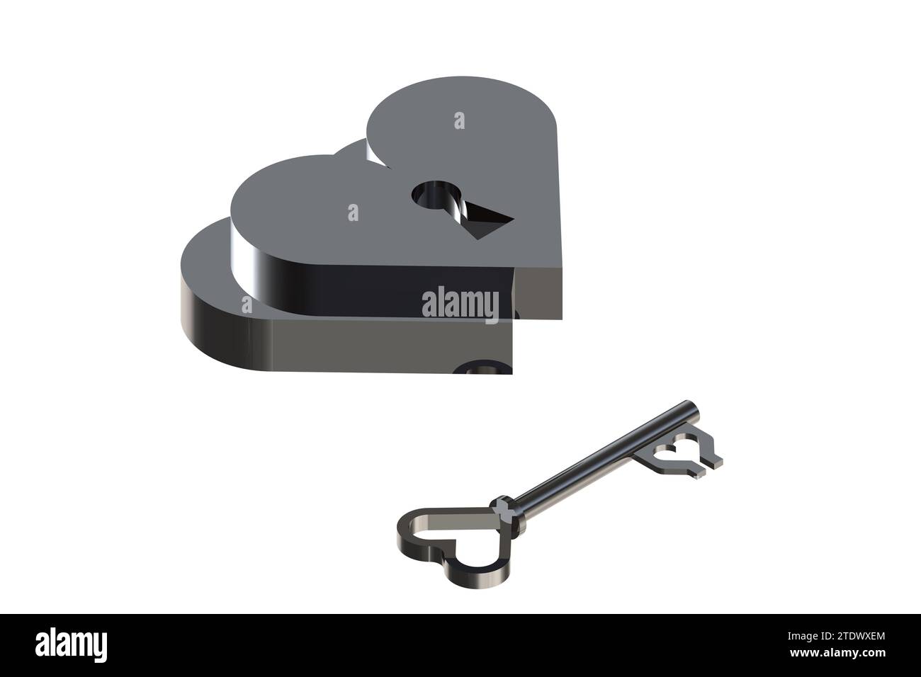 amore, due cuori d'oro, con chiave e lucchetto, quale chiave apre o chiude un amore? Illustrazione su sfondo bianco nella grafica 3D. Cele di San Valentino Foto Stock