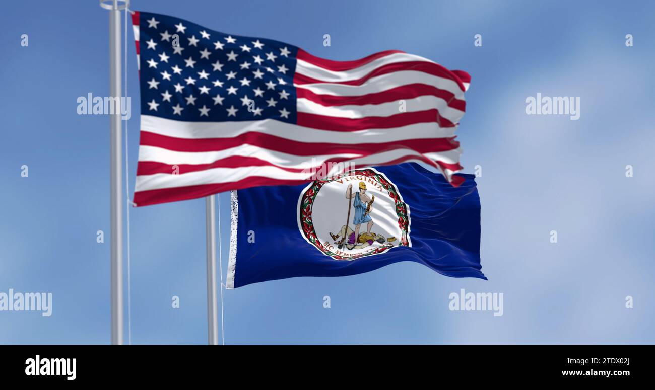 Bandiera dello stato della Virginia che sventola con la bandiera americana in una giornata limpida. Sigillo di stato al centro di uno sfondo blu scuro. rendering dell'illustrazione 3d. Selectiv Foto Stock