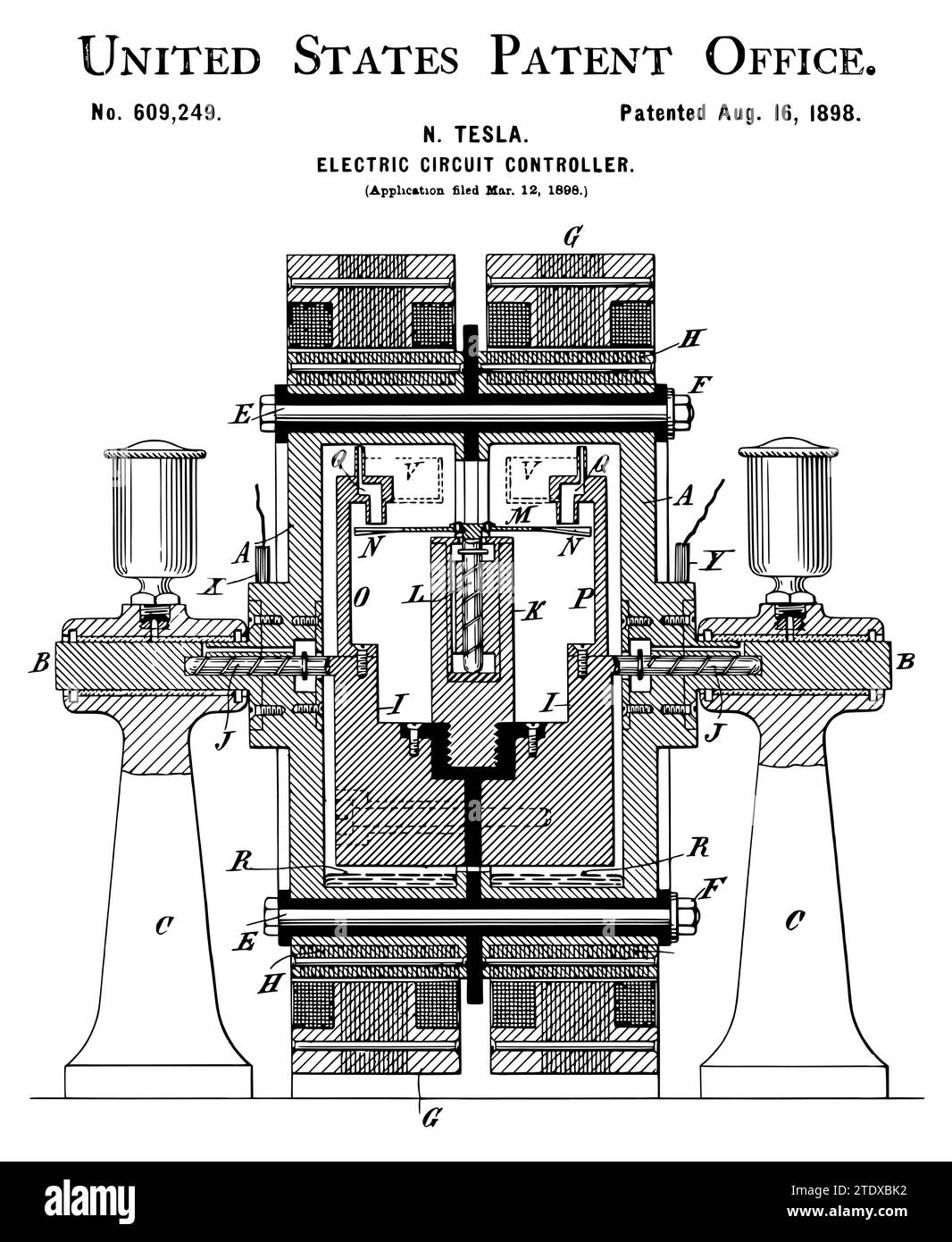 NIKOLA TESLA BREVETTO USA 609.249 - REGOLATORE DI CIRCUITO ELETTRICO Illustrazione Vettoriale