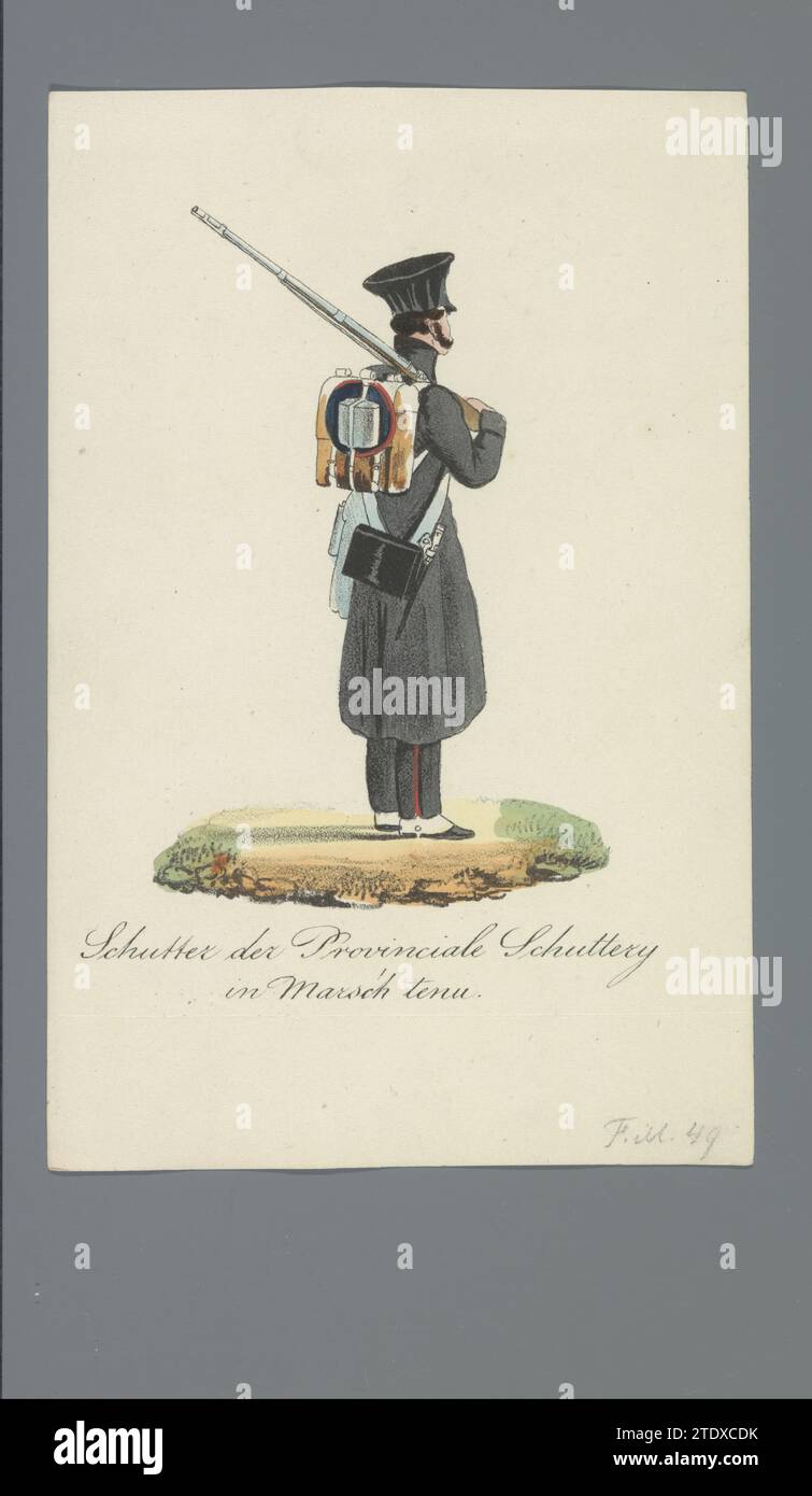 Schutter della milizia provinciale a Marsch Tenu, 1835 - 1850 tiratore permanente di una milizia provinciale a Mars Tenue. Parte di una serie di 157 riviste individuali con uniformi militari olandesi negli anni 1830-1832. Tipografia: Netherlandsprinter: Utrecht cartaceo sparatutto di una milizia provinciale in Mars tenue. Parte di una serie di 157 riviste individuali con uniformi militari olandesi negli anni 1830-1832. Stampatore: Netherlandsprinter: Carta Utrecht Foto Stock