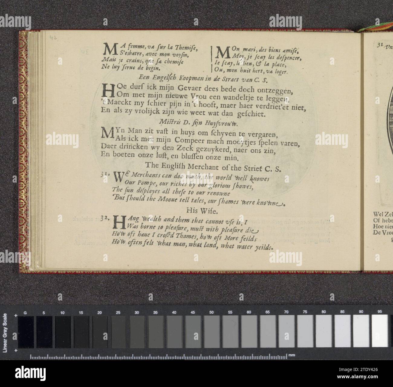 Quartine per le esibizioni di un mercante inglese e di sua moglie, 1641 tre volte due quartine in francese, olandese e inglese per le esibizioni di un mercante inglese e di sua moglie. La rivista fa parte di un album. Stampa tipografica su carta di Amsterdam tre volte due quartine in francese, olandese e inglese per le esibizioni di un mercante inglese e di sua moglie. La rivista fa parte di un album. Stampa di carta da lettera Amsterdam Foto Stock