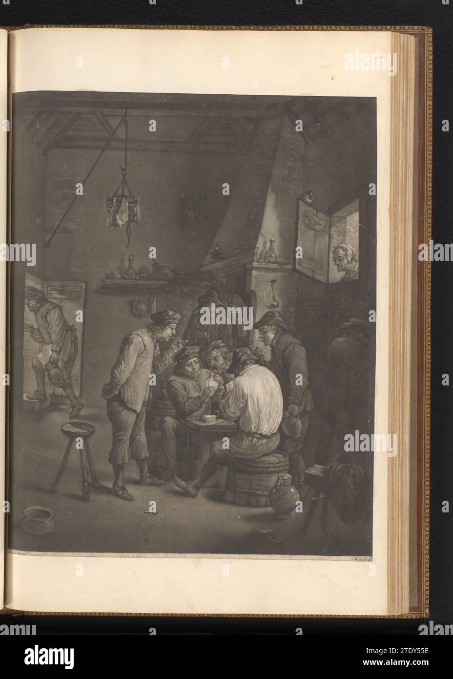 Interno di una locanda, William Baillie, dopo David Teniers (II), 1753 - 1810 interno di una locanda con uomini seduti su mezzo tonnellata a un tavolo. Giocano a carte. Due fumatori di pipa guardano. A destra una donna guarda da una finestra dentro. La stampa fa parte di un album. Carta interna di una locanda con uomini seduti su mezzo tonnellata a un tavolo. Giocano a carte. Due fumatori di pipa guardano. A destra una donna guarda da una finestra dentro. La stampa fa parte di un album. carta Foto Stock