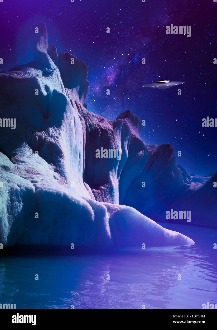 Nave spaziale UFO che vola sul ghiaccio di notte con le stelle. Foto Stock