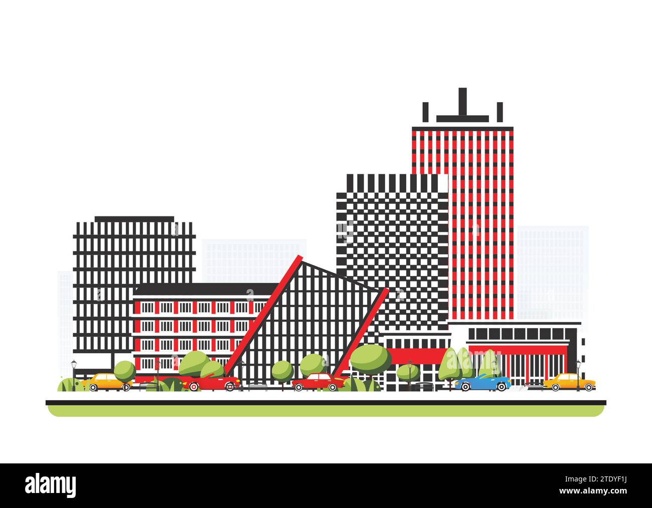 Quartiere degli affari con grattacieli in stile piatto con alberi. Illustrazione vettoriale. Scena cittadina isolata su sfondo bianco. Architettura urbana. Illustrazione Vettoriale