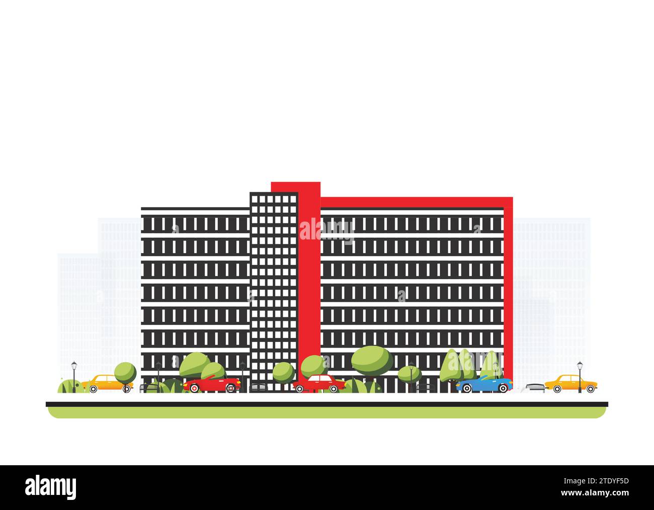 Edificio moderno in stile piatto con alberi e auto. Illustrazione vettoriale. Scena cittadina isolata su sfondo bianco. Architettura urbana. Illustrazione Vettoriale