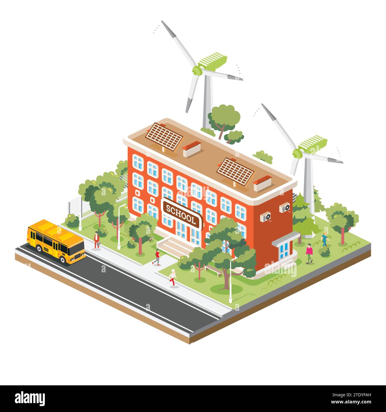 Edificio scolastico isometrico con pannelli solari e turbine eoliche isolate su sfondo bianco. Illustrazione vettoriale. Trees and Road. Illustrazione Vettoriale