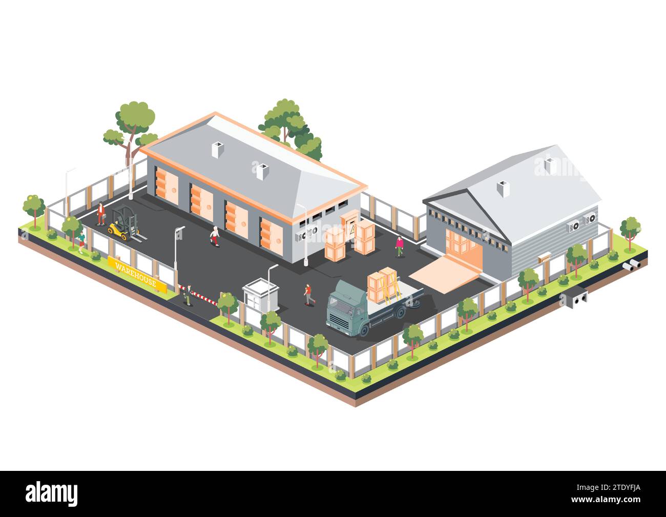 Rappresentazione isometrica di un centro logistico di distribuzione con magazzini e camion. Illustrazione vettoriale che cattura il caricamento. Illustrazione Vettoriale