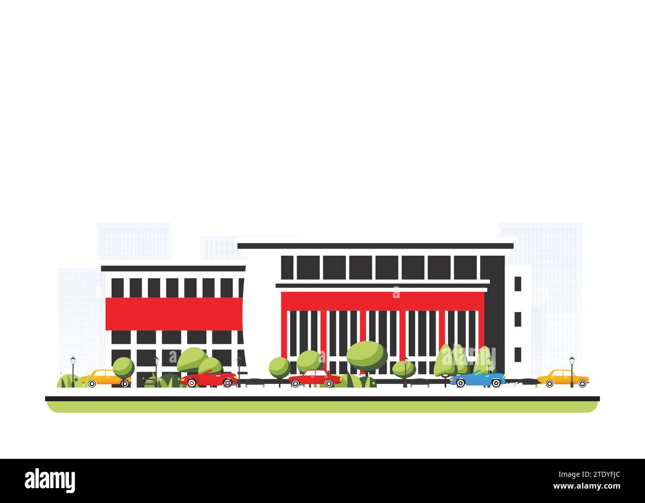 Moderno edificio museale in stile piatto con alberi e automobili. Illustrazione vettoriale. Scena cittadina isolata su sfondo bianco. Architettura urbana. Art galler Illustrazione Vettoriale