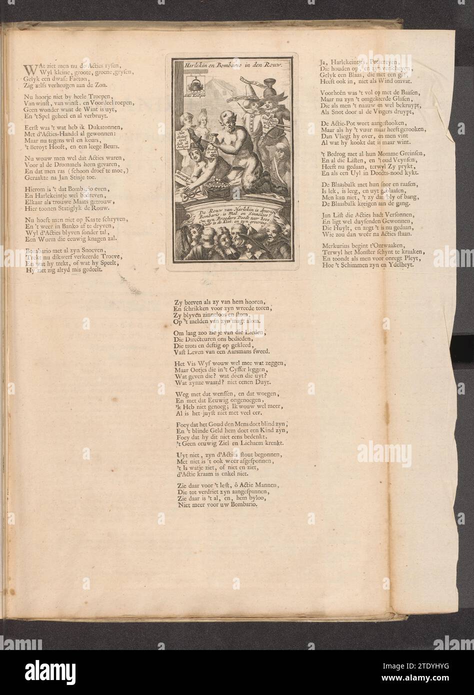 Mercurio sveglio, 1720, 1720 mercurio si risveglia sul pavimento, un diavolo con un sacco di soldi è seduto sulla schiena. Con il presente, vari astanti sulla fornitura e sul background. Sulla sinistra, l'insegna della locanda si chiama Action Koolpot. Nello spettacolo un verso di quattro righe e iscrizioni multiple in olandese. Stampato su una lamella più grande tra 3 versi ciascuno con 7 giunti di 4 linee. Stampa in The Bound prima edizione (304 B 10) della grande scena di follia con cartoni animati sul commercio eolico o di azione del 1720. Incisione/stampa su carta nei Paesi Bassi del Nord, stampa su carta da lettere Mercury si risveglia sul pavimento, a d Foto Stock