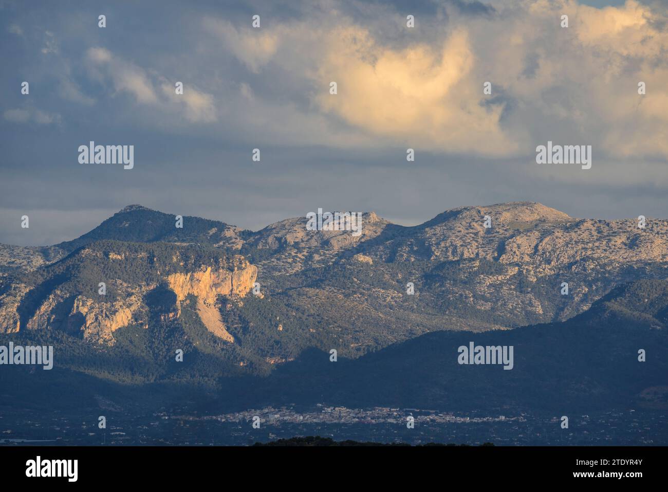 Montagne della Serra de Tramuntana viste da Puig de Bonany in una mattina primaverile (Maiorca, Isole Baleari, Spagna). Es.: Sierra de Tramuntana desde Bonany Foto Stock