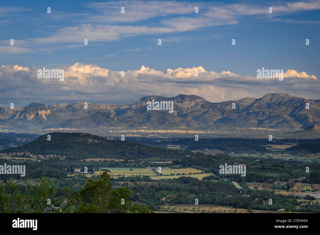 Montagne della Serra de Tramuntana viste da Puig de Bonany in una mattina primaverile (Maiorca, Isole Baleari, Spagna). Es.: Sierra de Tramuntana desde Bonany Foto Stock