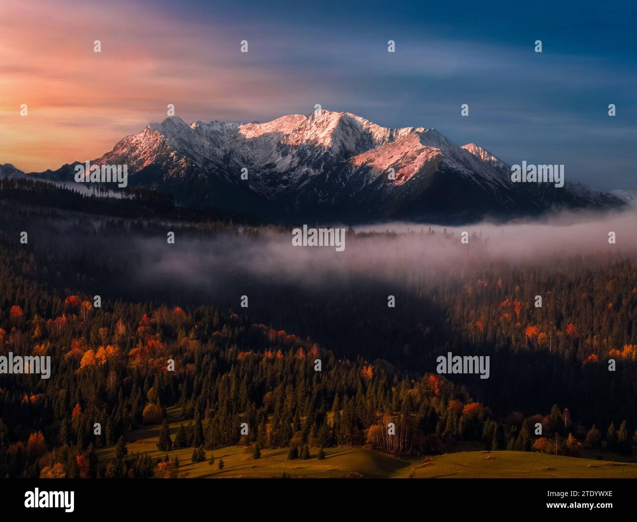 Slovacchia - Vista aerea autunnale delle cime degli alti monti Tatra nel parco nazionale all'alba, con colorate foglie autunnali, nebbia e spettacolare gol Foto Stock