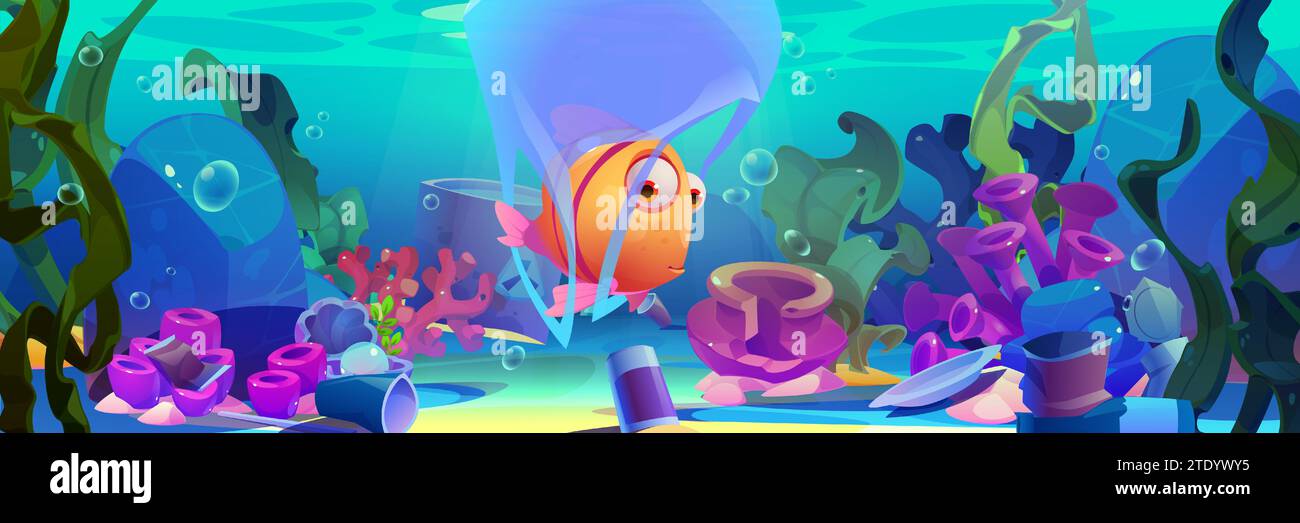 Inquinamento della plastica oceanica - triste pesce spaventato aggrovigliato in un sacco di polietilene e galleggia in mare con il fondo sporco. Fondo marino inquinato con spazzatura - utensili di plastica, lattine, barili con materiali pericolosi. Illustrazione Vettoriale Inquinamento della plastica oceanica - triste pesce spaventato aggrovigliato in un sacco di polietilene e galleggia in mare con il fondo sporco. Fondo marino inquinato con spazzatura - utensili di plastica, lattine, barili con materiali pericolosi. Illustrazione Vettoriale