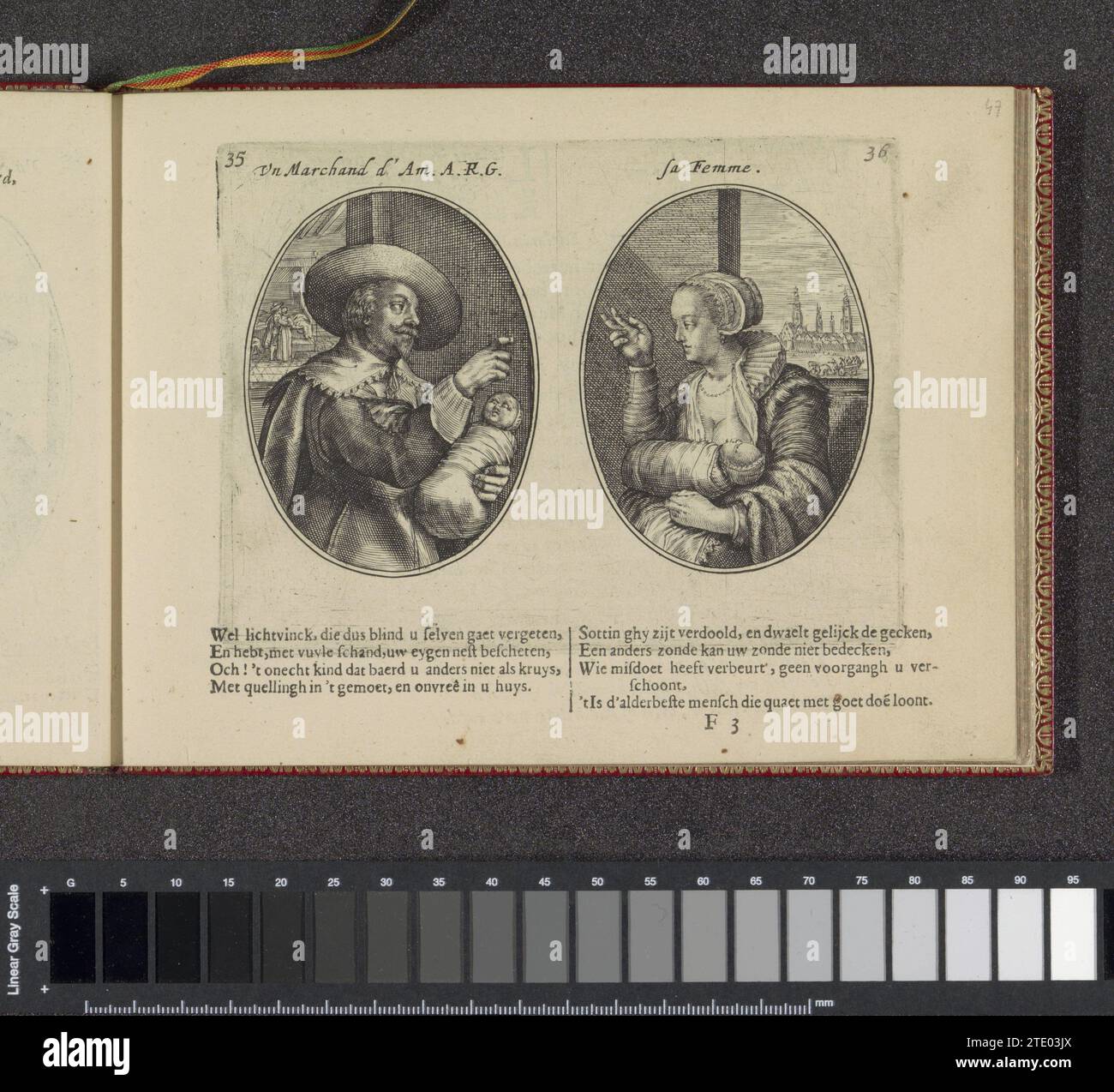 Koopman da Amsterdam e sua moglie, 1641 due esibizioni su una rivista di album. A sinistra il ritratto immaginario di un mercante di Amsterdam. Ha un bambino cotto tra le braccia e punta a sua moglie accanto a lui. Sullo sfondo una signora e un gentiluomo vicino a un letto. A destra la moglie del mercante, anche lui con un bambino. Sullo sfondo un volto su una città, forse Amsterdam. Tra questi due quartine in olandese. La stampa fa parte di un album. Incisione su carta di Amsterdam / stampa su carta di Amsterdam due esibizioni su una rivista di album. A sinistra il ritratto immaginario di un commerciante di AMS Foto Stock