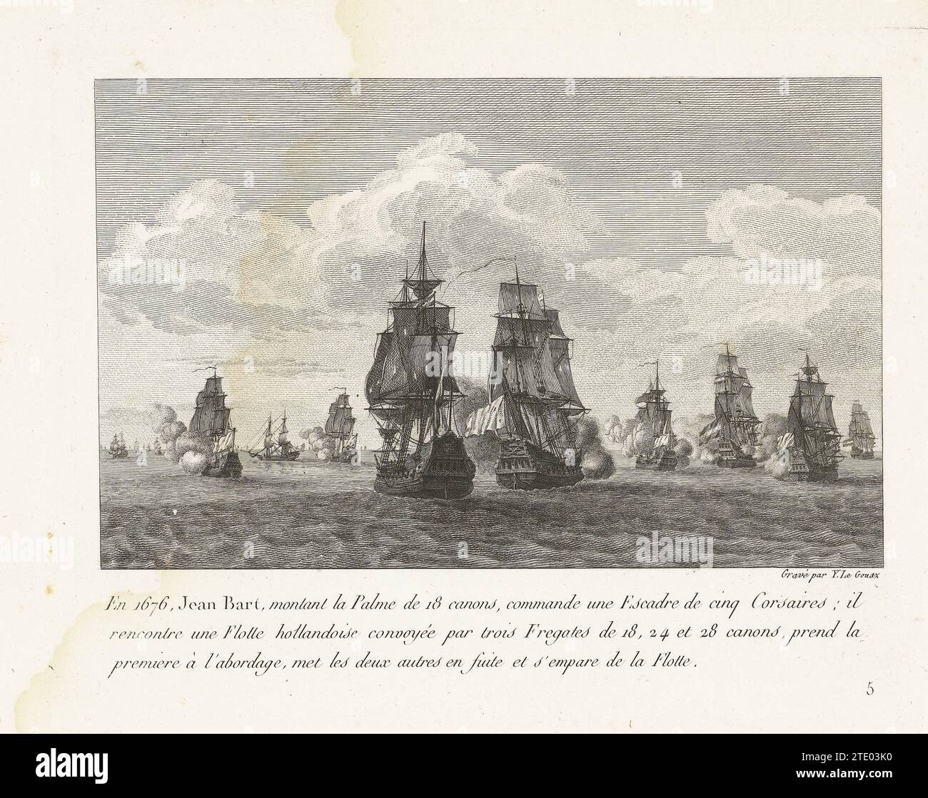 Jan Bart attacca una flotta olandese con il suo squadrone, 1676, 1806 Jan Bart attacca una flotta olandese con il suo squadrone, 1676. Parte di una serie sulle azioni del dirottatore fiammingo al servizio francese Jan Bart. L'incisione di carta di Parigi Jan Bart attacca una flotta olandese con il suo squadrone, 1676. Parte di una serie sulle azioni del dirottatore fiammingo al servizio francese Jan Bart. Incisione di carta a Parigi Foto Stock
