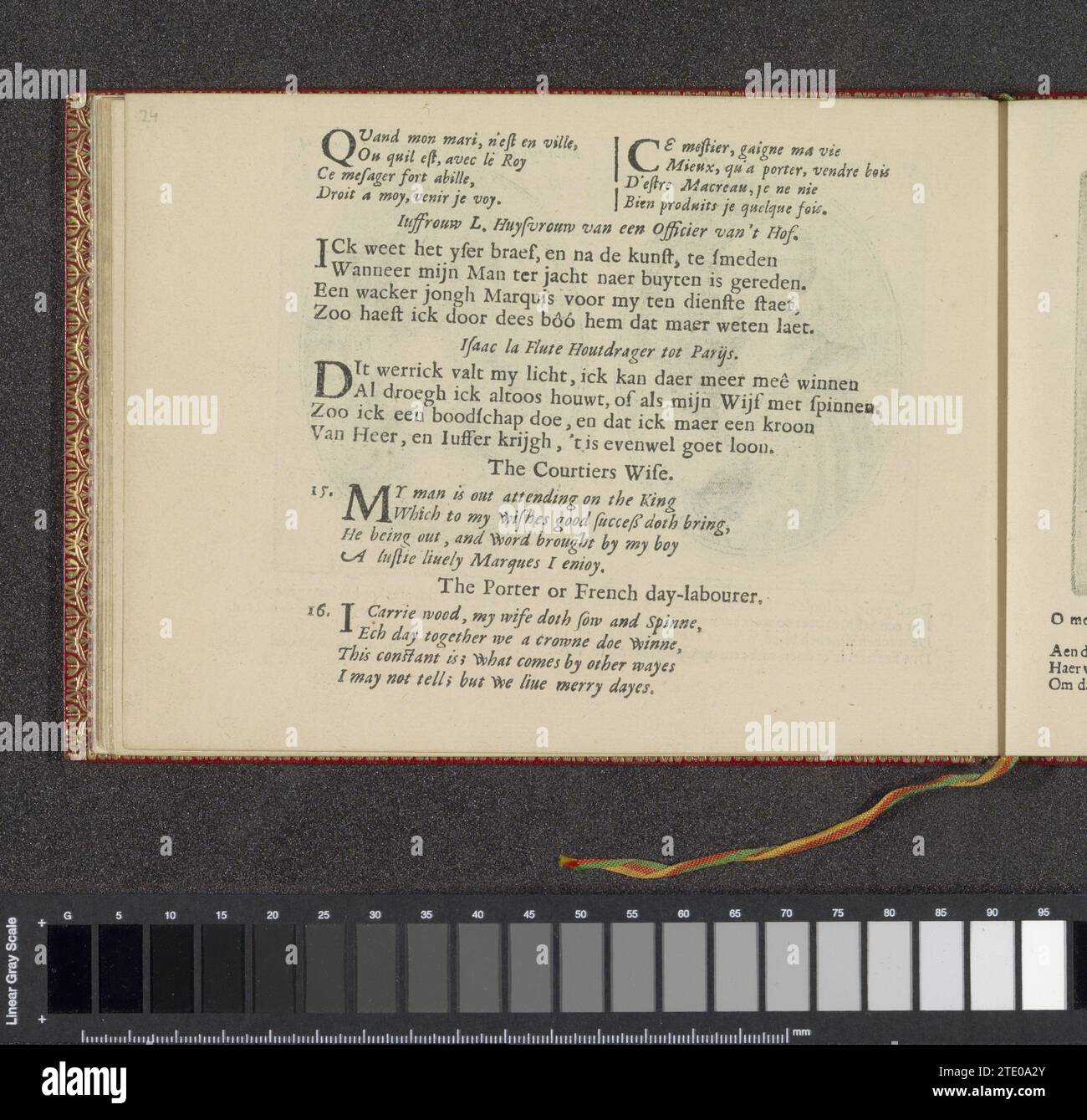 Kwatrijnen per le esibizioni di una donna ufficiale e di un portabevande, 1641 tre volte due quartine in francese, olandese e inglese nelle esibizioni la casalinga di un ufficiale di corte e un portabevande di legno. La rivista fa parte di un album. Stampa tipografica su carta di Amsterdam tre volte due quartine in francese, olandese e inglese nelle esibizioni la casalinga di un ufficiale alla corte e un portapacchi di legno. La rivista fa parte di un album. Stampa di carta da lettera Amsterdam Foto Stock