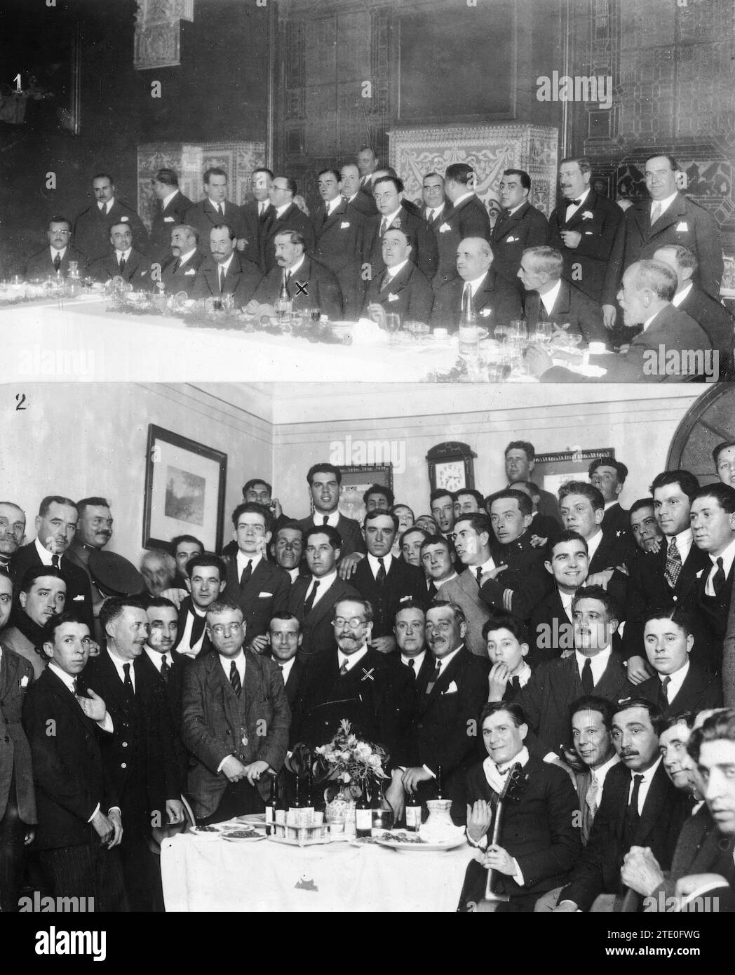 01/31/1926. Siviglia. Intrattenimento per un illustre scrittore. 1.- Signor Perez Lugin (X) al banchetto con il quale l'athenaeum lo ha presentato per celebrare il successo del suo ammirevole film "currito de la Cruz". 2.- vino d'onore che la fratellanza di San Bernardo ha dato nell'omonimo casinò al signor Perez Lugin (X), fratello maggiore onorario di detta associazione. Crediti: Album / Archivo ABC / Juan Barrera Foto Stock