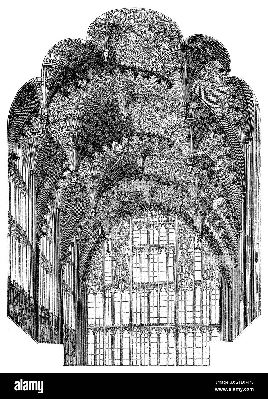 Incisione vintage del 1854 del soffitto decorato della cappella di Enrico VII nell'Abbazia di Westminster, Londra. Foto Stock