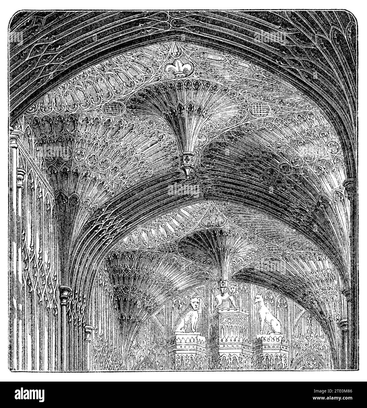 Incisione vintage del 1854 del soffitto decorato della Cappella di Enrico VII nell'Abbazia di Westminster, Londra. Foto Stock