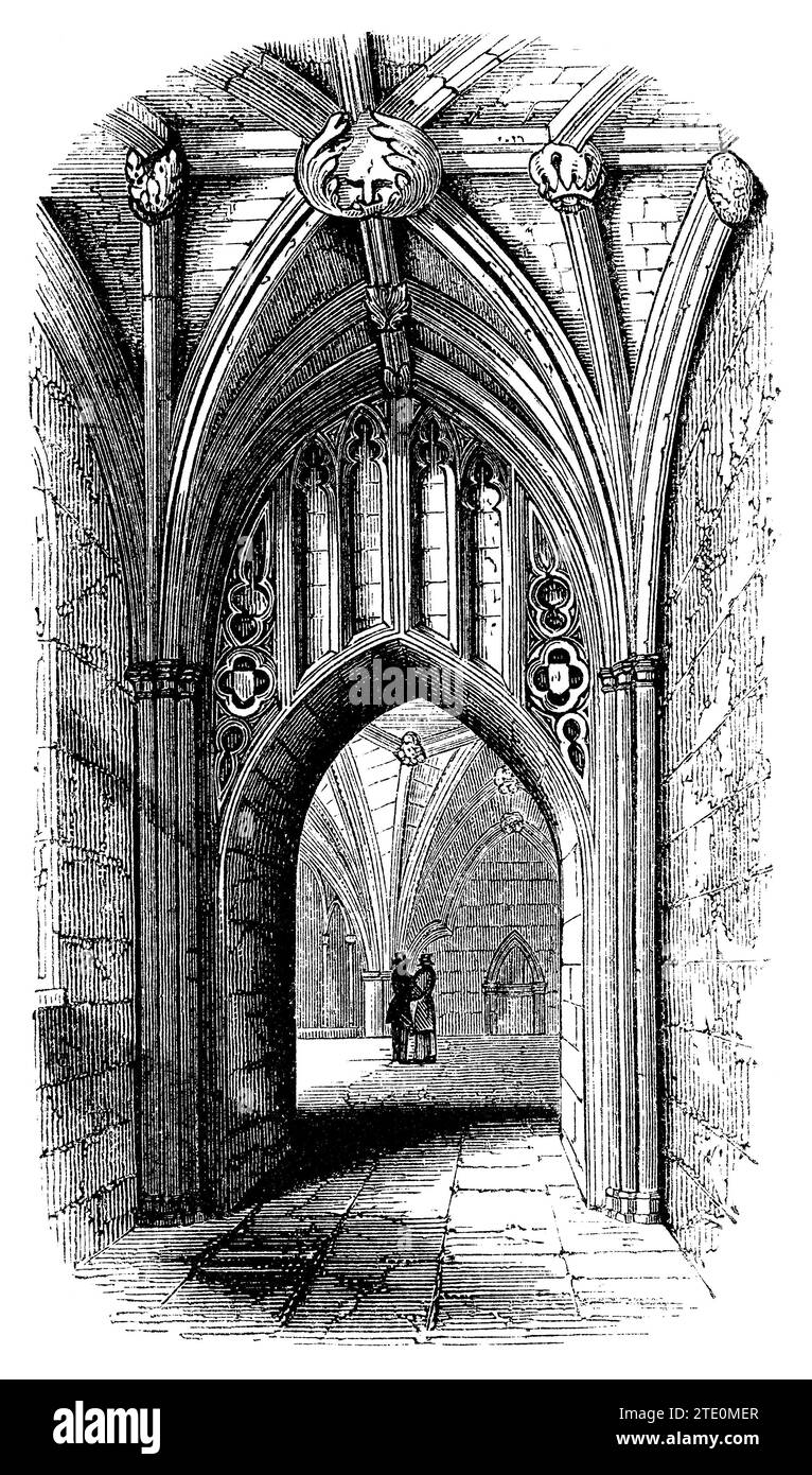 Incisione vintage 1854 di un passaggio da St Stephen's Cloisters alla cripta del Westminster Palace, Londra. Foto Stock