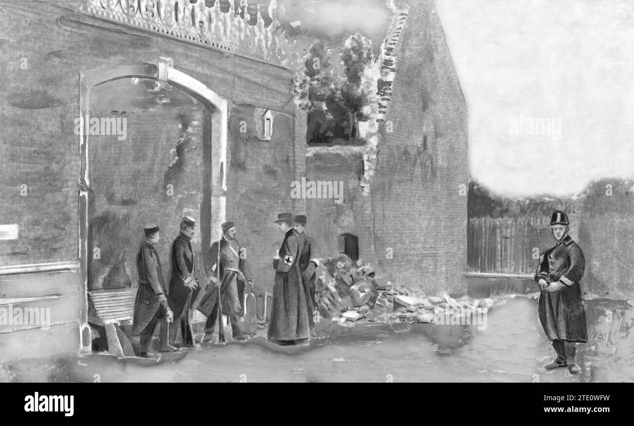 07/31/1914. I belgi in guerra. Un prete della Croce Rossa e diversi soldati belgi davanti alle rovine di una casa nella città di Haellen. Foto: Da "Excelsior" - data approssimativa. Crediti: Album / Archivo ABC Foto Stock