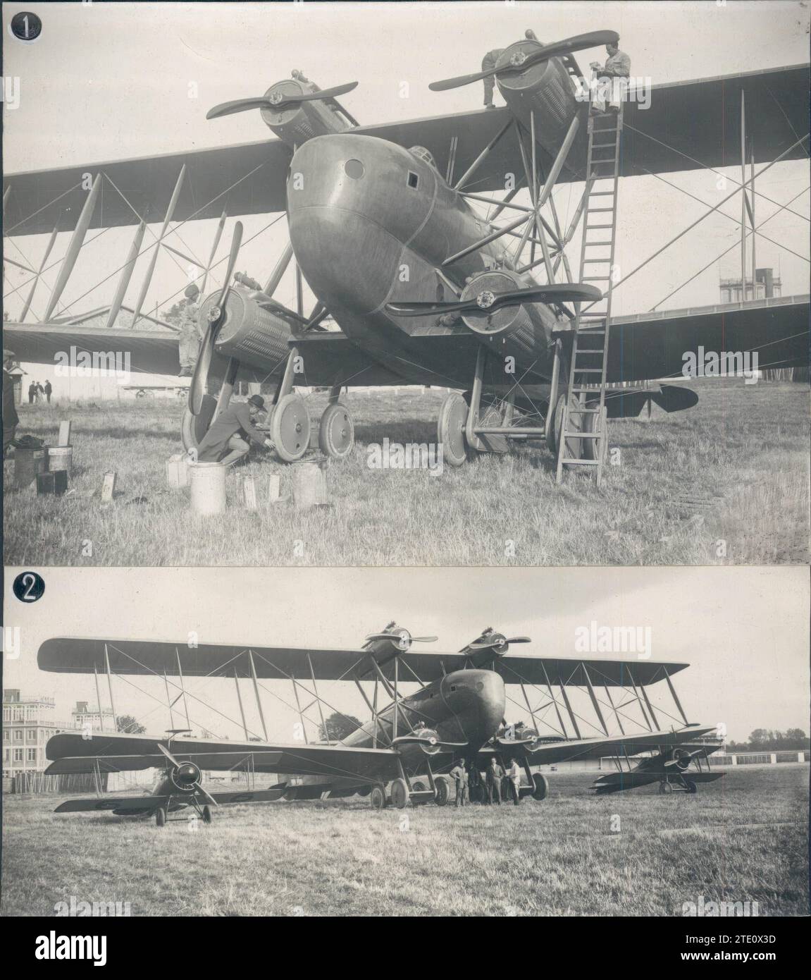 09/30/1919. Il progresso dell'aviazione. Il nuovo Aerobus Bleriot per 28 passeggeri. 2.-il gigantesco dispositivo rispetto a quelli usati durante la guerra dai famosi aviatori francesi Fonck e Nungesser. Crediti: Album / Archivo ABC / M. Rol Foto Stock
