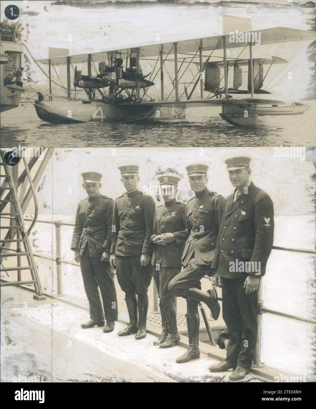 05/31/1919. L'Atlantic Crossing in aereo. 1.-l'idrovolante 'N C-4', che ha fatto l'incredibile volo dagli Stati Uniti a Lisbona. 2.-Capitano Read (X), con gli altri membri dell'equipaggio del 'N C-4', che hanno compiuto il viaggio completo. Crediti: Album / Archivo ABC / Joshua Benoliel Foto Stock