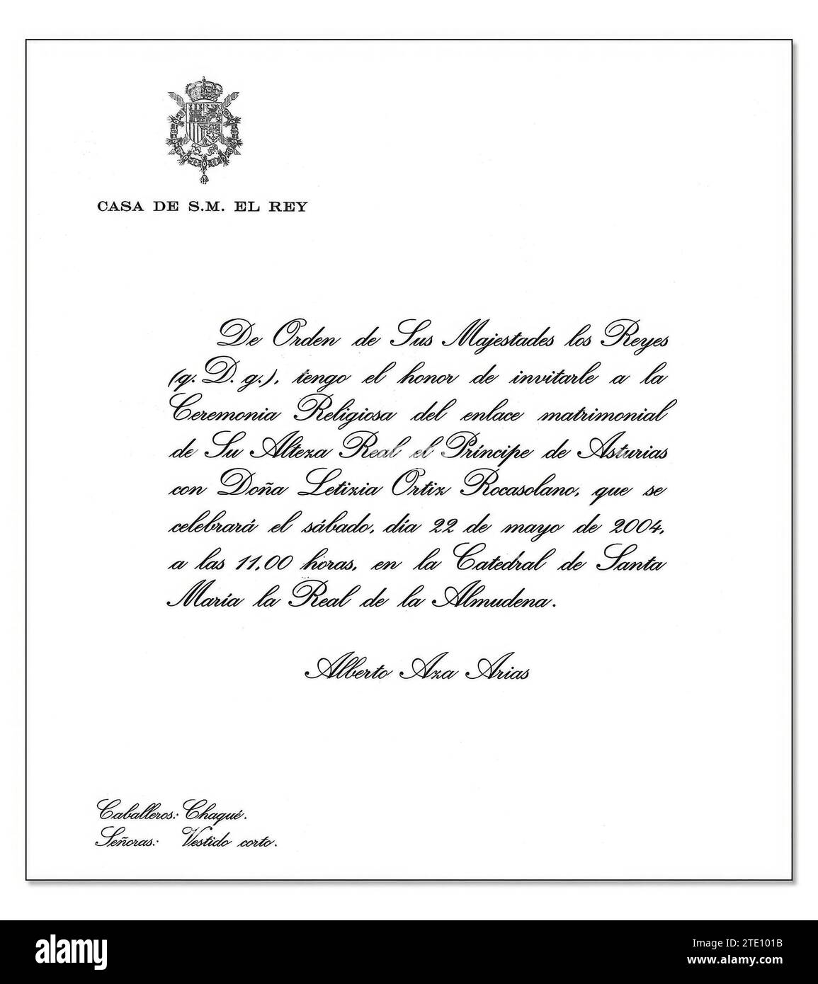 03/31/2004. Invito della Casa di HM il Re alle nozze di Felipe de Borbón e Letizia Ortiz. Crediti: Album / Archivo ABC Foto Stock
