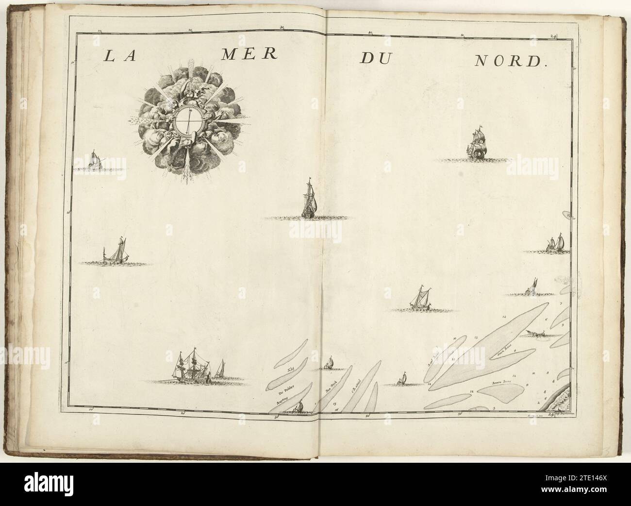 Mappa del Mare del Nord, ca. 1706-1712, 1706 - 1712 Mappa del Mare del Nord, in alto a sinistra una grande rosa del vento, in basso a destra Dunkirk, CA. 1706-1712. Parte di una raccolta completa di piani di battaglie e città rinomate durante la guerra di successione spagnola. Questo album è uno dei primi 24 piatti che insieme formano una mappa molto grande dei Paesi Bassi meridionali. Carta di Bruxelles incisione Mare del Nord Mappa del Mare del Nord, in alto a sinistra una grande rosa del vento, in basso a destra Dunkirk, CA. 1706-1712. Parte di una raccolta completa di piani di battaglie e città rinomate durante la guerra di successione spagnola. Questo album è uno dei primi 24 pla Foto Stock