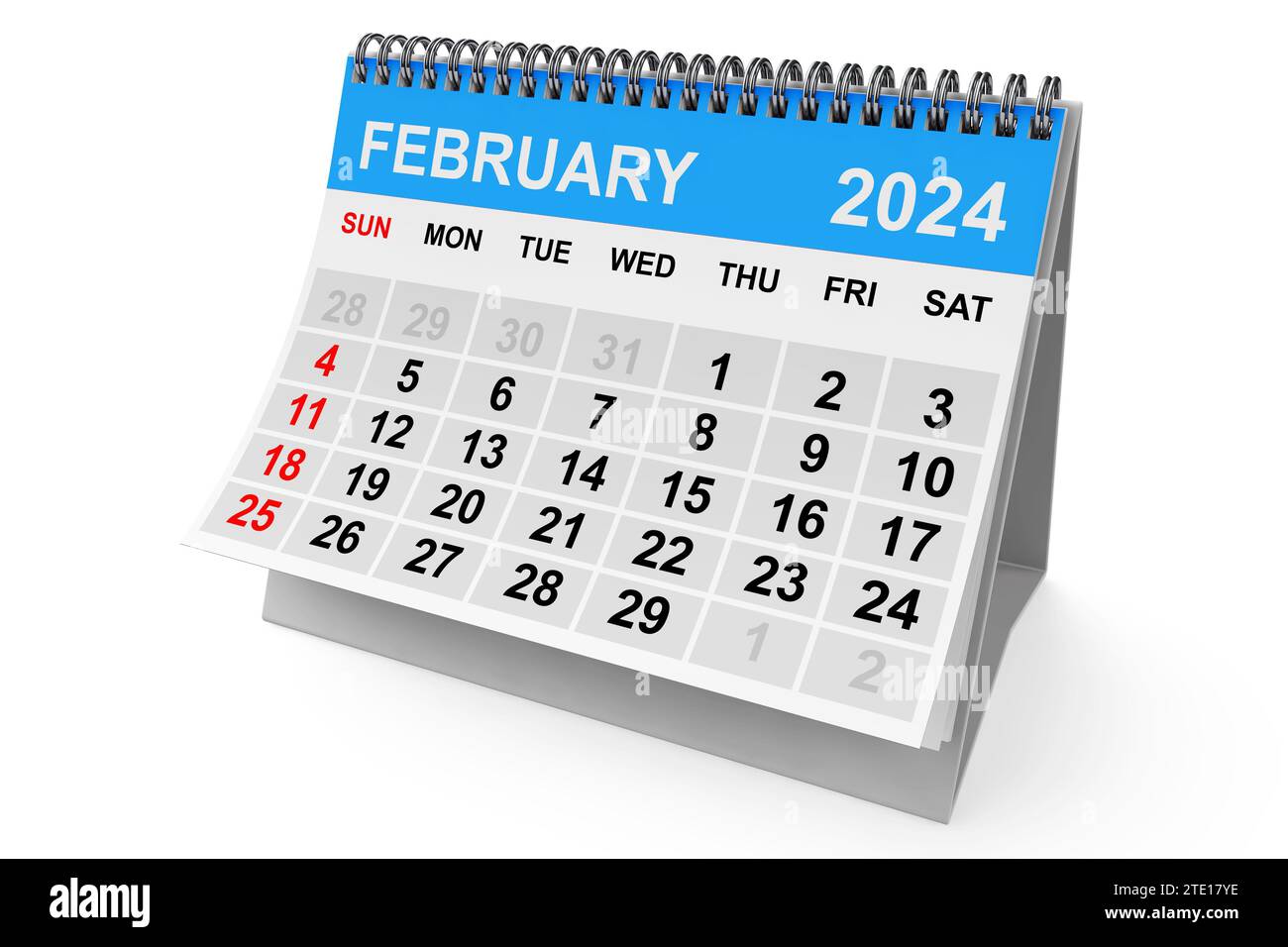 Calendario di febbraio 2024 su sfondo bianco. Rendering 3D Foto
