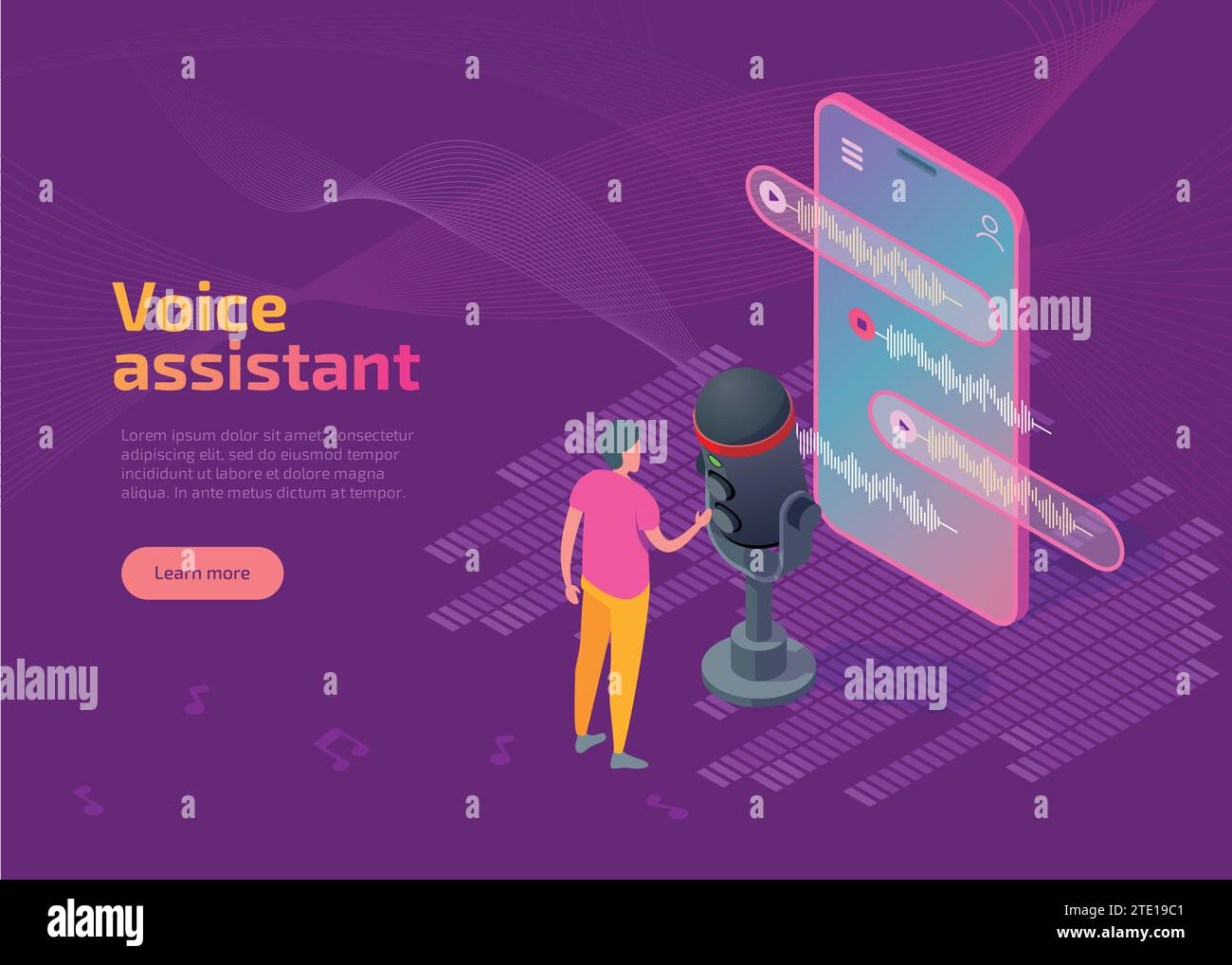 Pagina di destinazione o banner Web dell'assistente vocale. L'utente Vector isometrico si trova davanti a un grande smartphone con microfono. App smart per il riconoscimento vocale dei comandi degli altoparlanti. Concetto di tecnologie intelligenti Soundwave Illustrazione Vettoriale