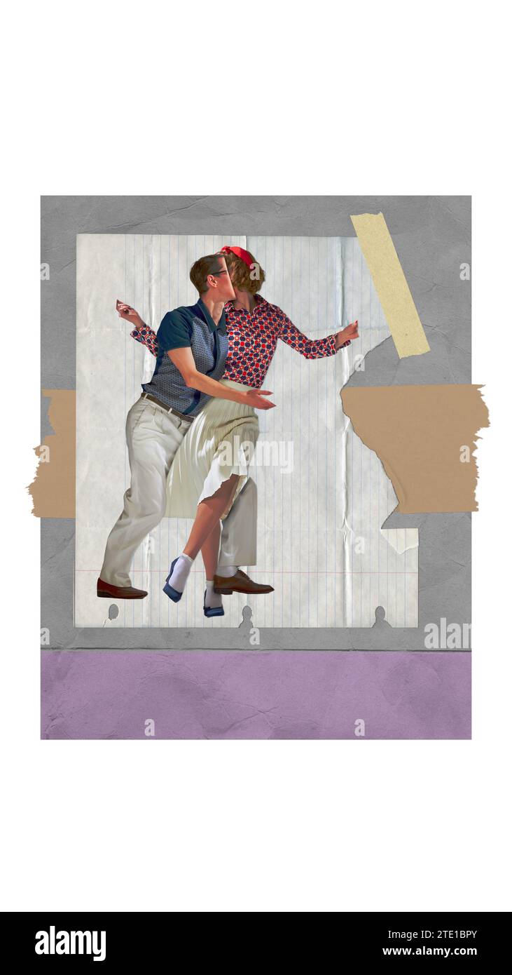 Giovani coppie, uomini e donne in abiti vintage, ballando, baciandosi su uno sfondo pastello. Appuntamento romantico. Collage d'arte contemporanea. Poster in stile retrò Foto Stock
