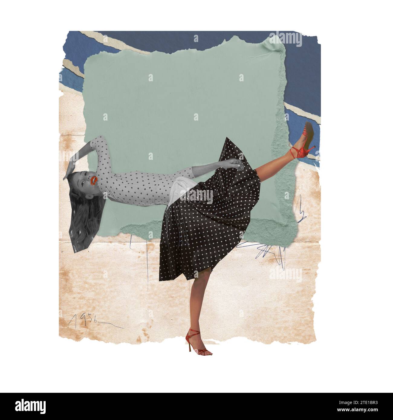 Giovane donna che balla su uno sfondo pastello astratto. Collage d'arte contemporanea. Poster in stile retrò. Effetto carta Foto Stock