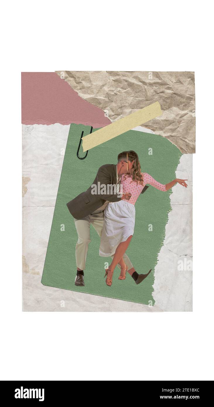 Giovani coppie, uomini e donne in abiti eleganti, ballando, baciandosi su uno sfondo pastello. Appuntamento romantico. Collage d'arte contemporanea. Poster in stile retrò Foto Stock