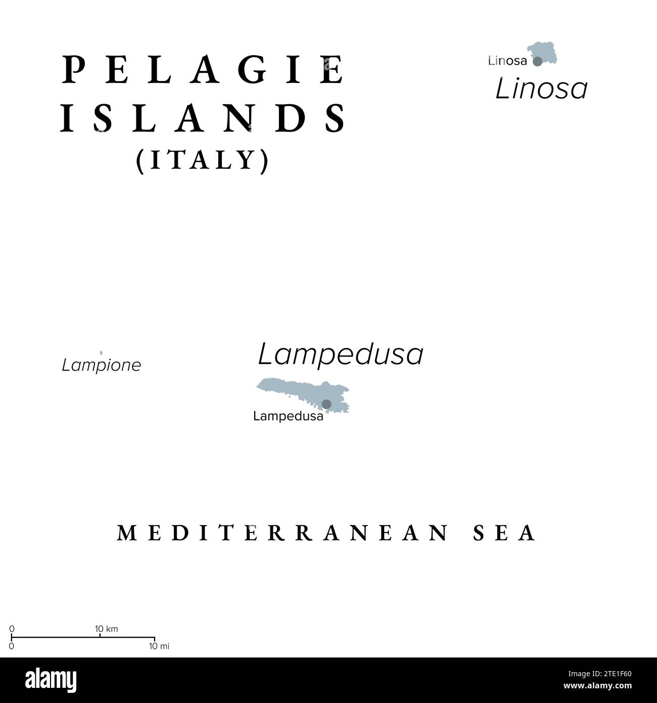 Isole Pelagie con Lampedusa, Linosa e Lampione, mappa politica grigia. Arcipelago di piccole isole situate nel Mar Mediterraneo. Foto Stock
