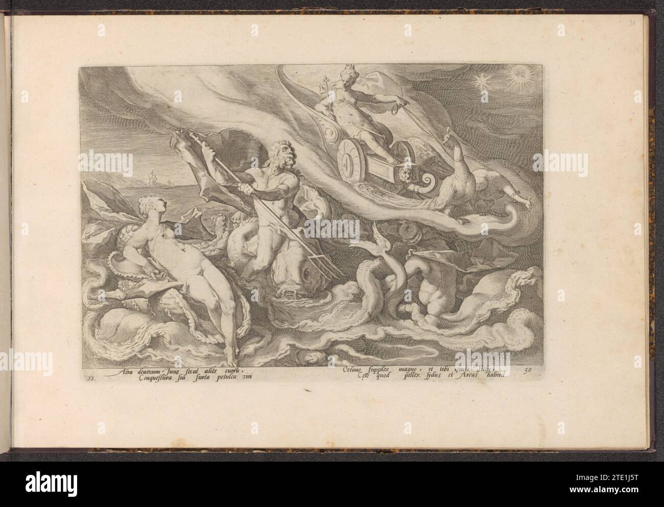 Giunone si lamenta con Thetis e Oceanus, 1728 Giunone arriva sulla sua auto trainata da due pavoni allo Zeegehoden Thetis e Oceanus, per lamentarsi del trattamento onorevole che Callisto e suo figlio Arcas hanno ricevuto da suo marito Giove. Giove li ha posti come costellazioni nel cielo. Su richiesta di Giunone, Teti e Oceano assicurano che la costellazione del grande Orso non subisca mai nel mare. Due volte due versi in latino sotto lo spettacolo. La stampa fa parte di un album. Tipografia: Haarlemafter design di: Haarlempublisher: Amsterdam incisione su carta Juno arriva sulla sua auto Foto Stock