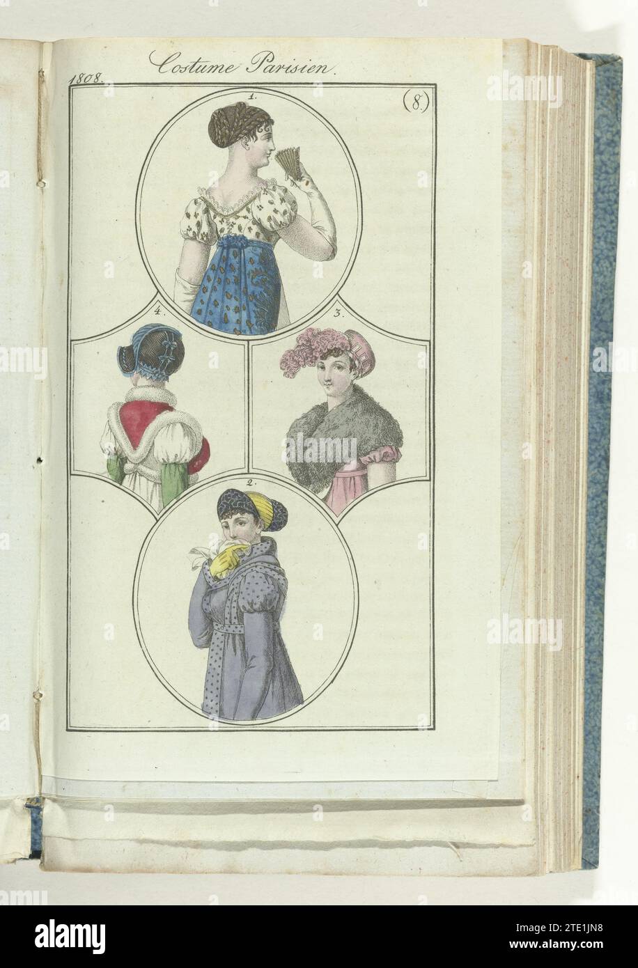 Journal of the Ladies and Fashions, editis Frankfurt 22 febbraio 1808, Parisian costume (8), 1808 il testo di accompagnamento (pag. 212 e 213) menziona: Fig. 1: Coiffure De grande Parure: GaAs di filo d'oro, intrecciato con lei. Abito corto in raso bianco, ricamato con oro. Manteau blu ricamato, con lunga coda. Fig. 2: Velluto nero e raso giallo. Abito levantino guarnito con 'peluche tigrée'. (Un Jupon bianco indossa sotto questo vestito ...). Fig. 3: Toque di crepe rosa con una lunga molla sulla parte anteriore. Abito in taf rosa con maniche corte. Fichu van Vossebont. Fig. 4: Capo Foto Stock