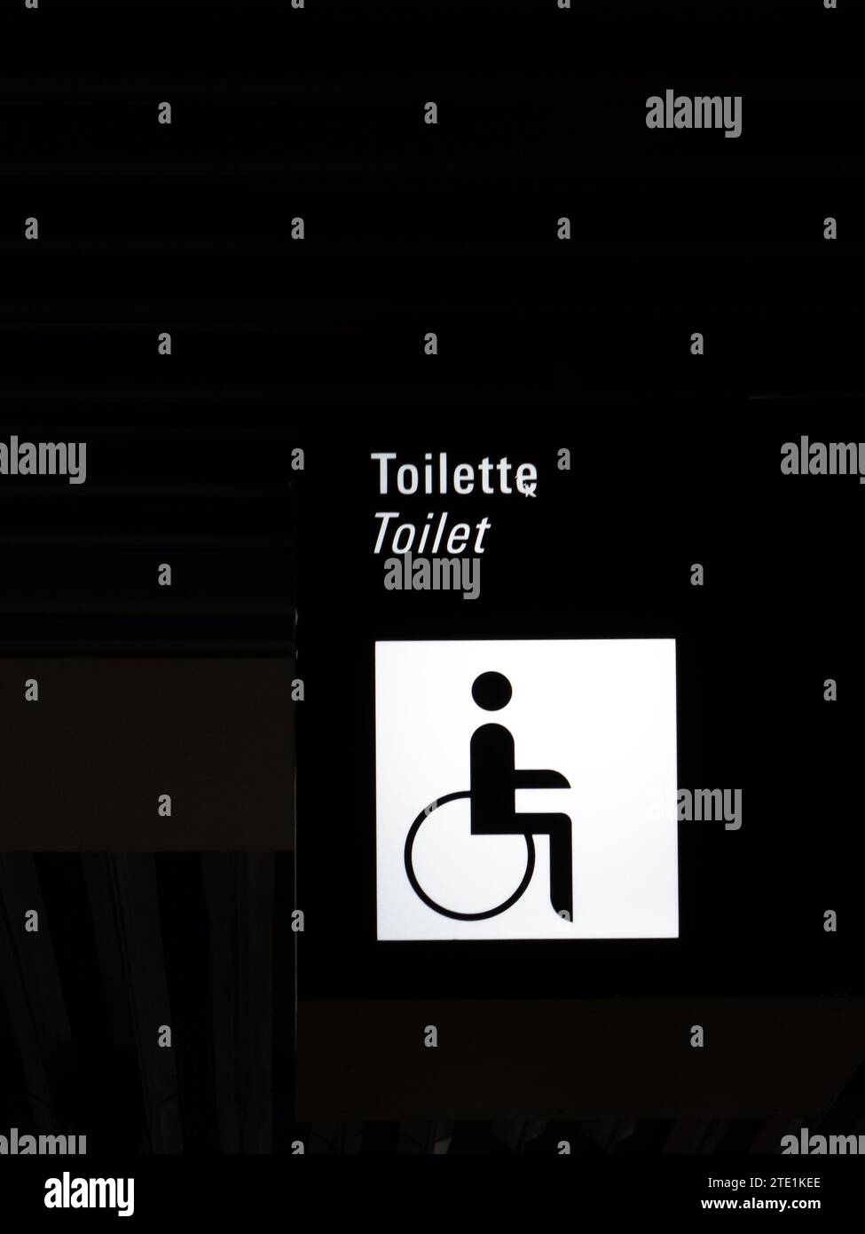 Francoforte, Germania - 7 giugno 2023 - display nero con pittogramma per disabili su sedia a rotelle e testo "toilette" e "toilette" Foto Stock