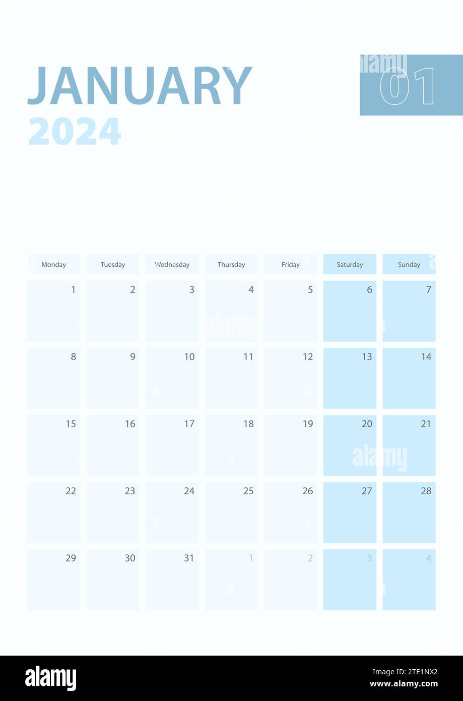 Pagina del calendario verticale di gennaio 2024, la settimana inizia da lunedì. Pianificatore vettoriale. Illustrazione Vettoriale
