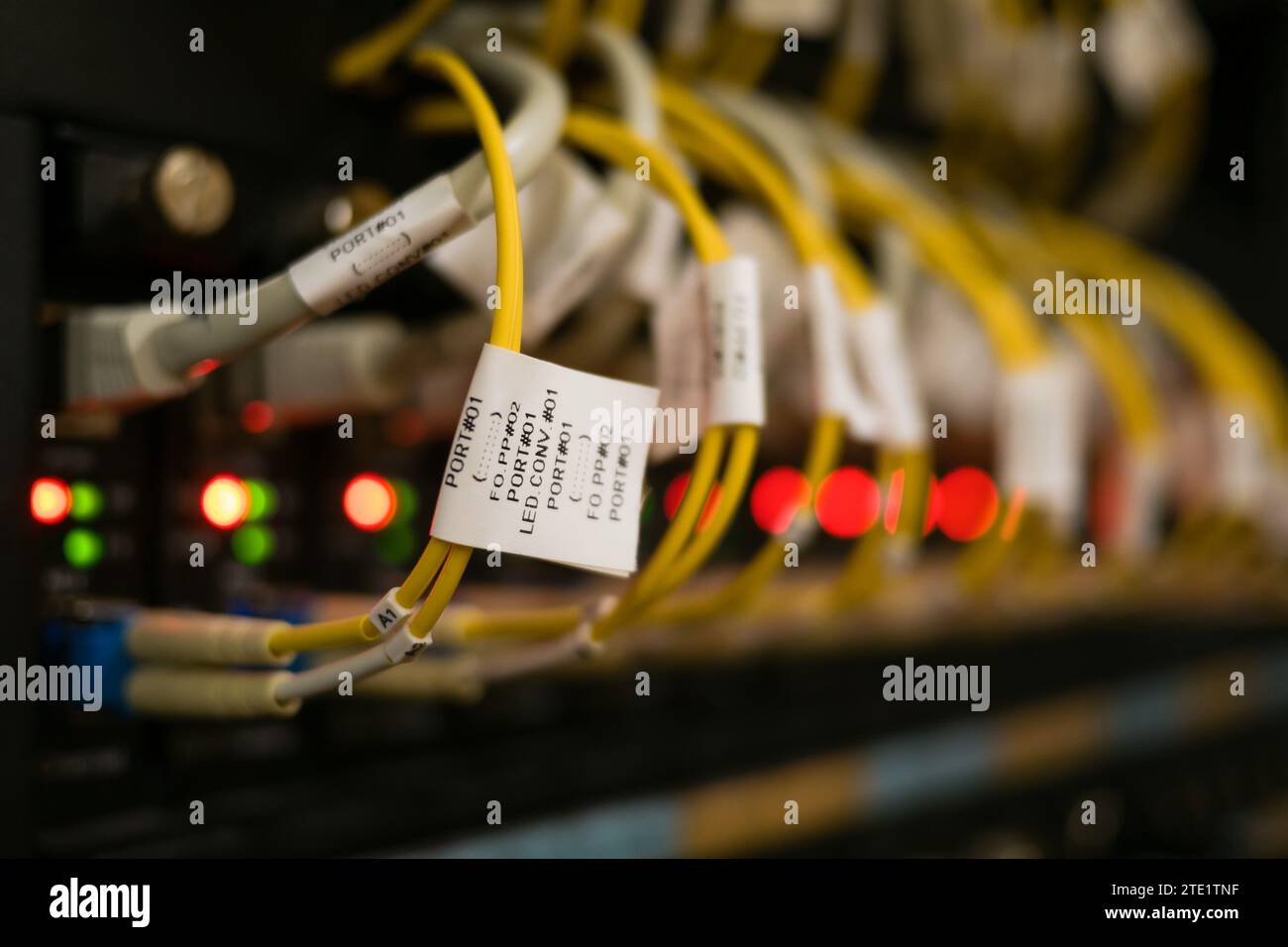 Messa a fuoco selettiva sull'etichetta dei cavi in fibra ottica collegati alle porte ottiche, sfondo Foto Stock