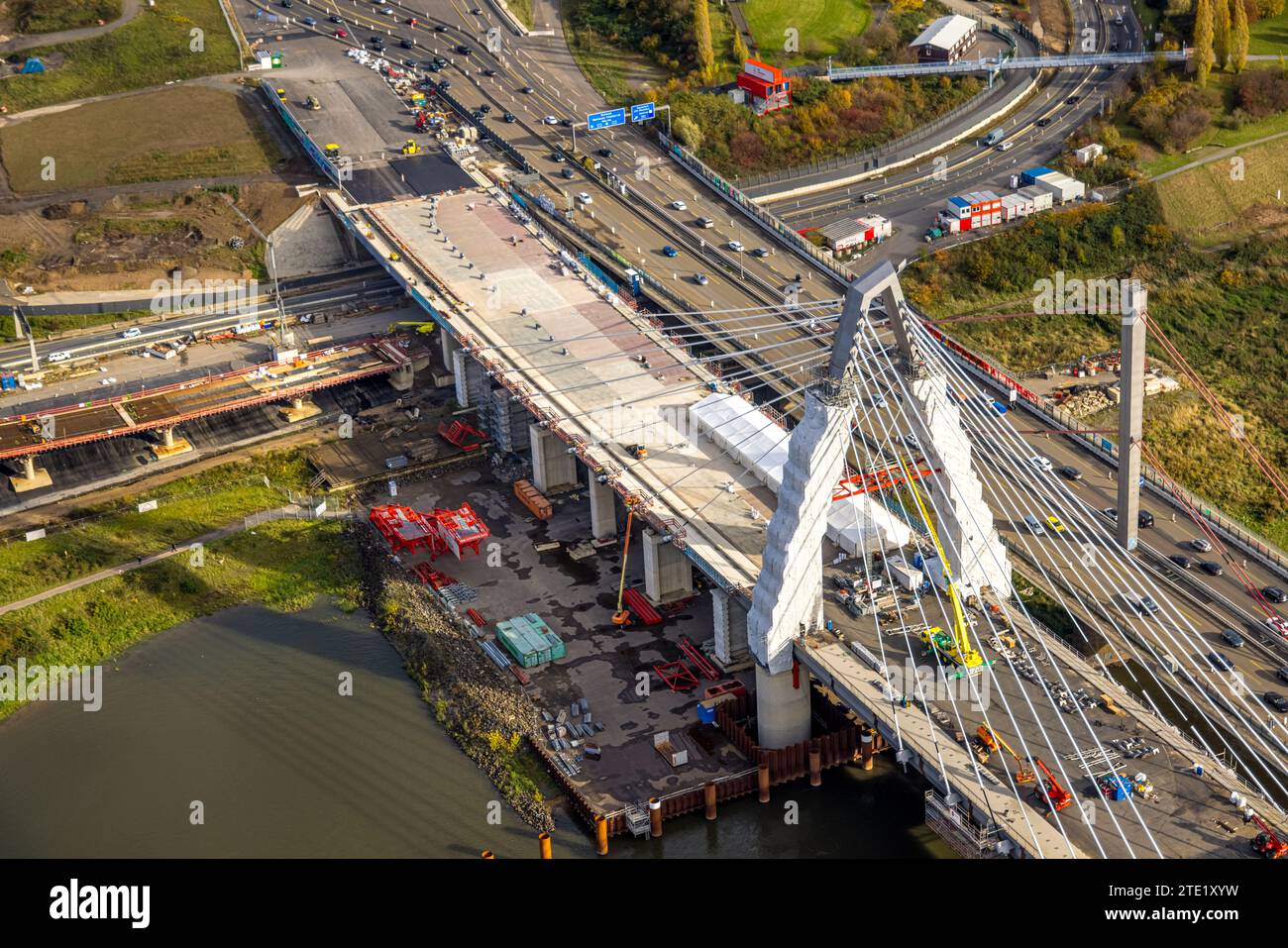 Vista aerea, cantiere ponte sul Reno Leverkusen dell'autostrada A1 sul Reno, Rheinaue Langel-Merzenich, Merkenich, Colonia, Reno Foto Stock