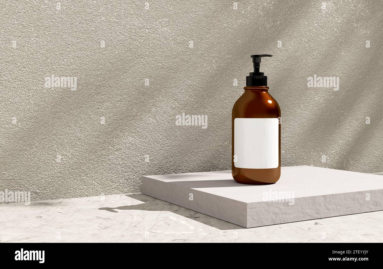 Flacone di sapone liquido color ambra con etichetta vuota. Modello astratto naturale, biologico per la pubblicità dei prodotti, spa, cura del corpo, relax e salute. Foto Stock