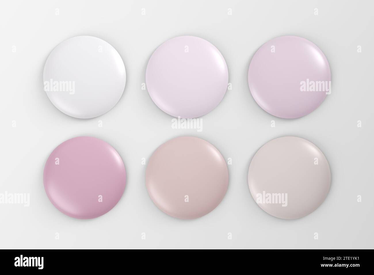 Set di badge rotondi lucidi color pastello o pulsanti nelle tonalità rosa e beige per un design grafico. Modello mockup. Rendering 3D. Foto Stock