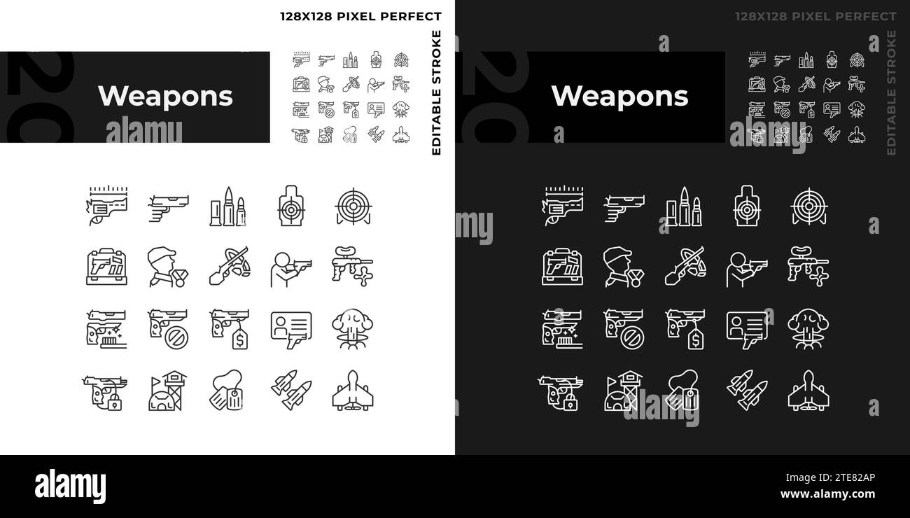 Icone di armi chiare e scure con pixel personalizzabili 2D. Illustrazione Vettoriale