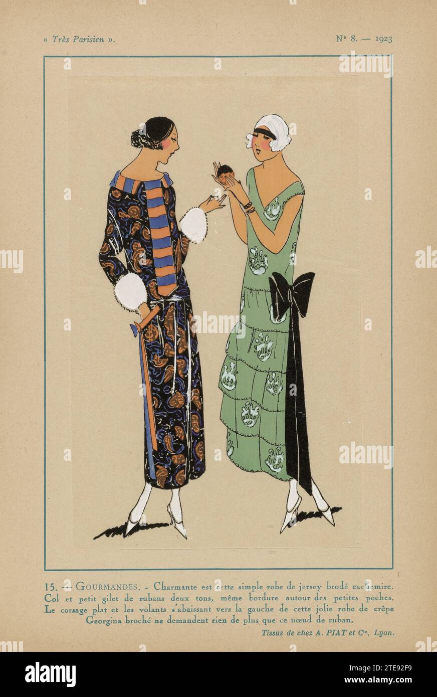 Molto parigino, 1923, no 8: 15.- Gourmandises. - Affascinante è questo semplice abito ..., 1923 a sinistra: Abito in Jersey ricamato con cashmere. Colletto e gilet a righe in due colori, con lo stesso cinturino intorno alle piccole tasche laterali. A destra: Abito di crepe marrone Georgina, composto da un corpo dritto e una gonna con strisce, sul lato un grande arco di nastro nero. Tessuti da A, Piat et Cie Stampa dalla rivista di moda Très Parisien (1920-1936). Stampa Lione Paris Letterpress a sinistra: Abito in Jersey ricamato con cashmere. Colletto e gilet a righe in due colori, con la stessa tracolla Foto Stock