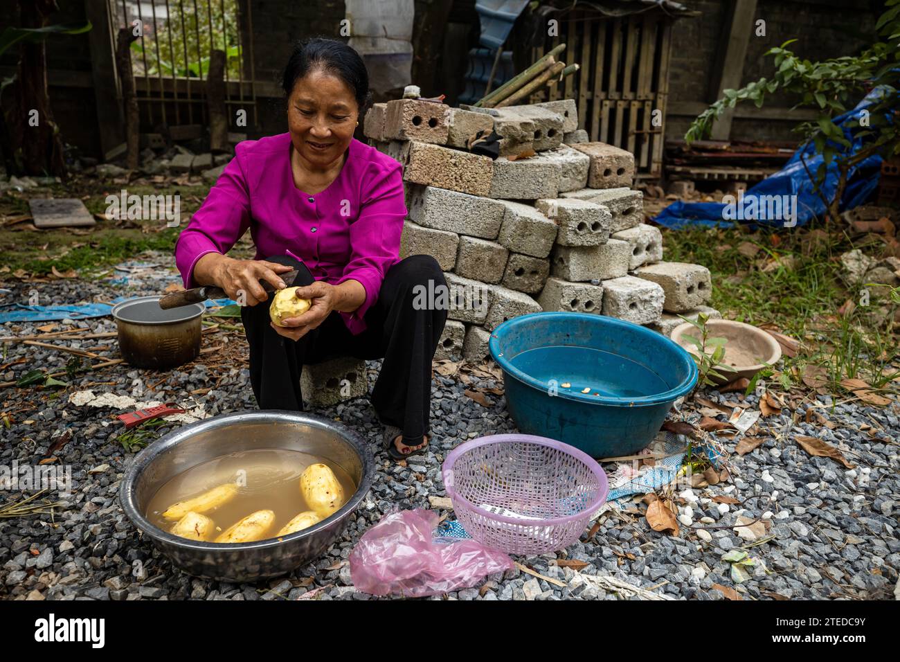 Una donna del Vietnam sta preparando del cibo Foto Stock