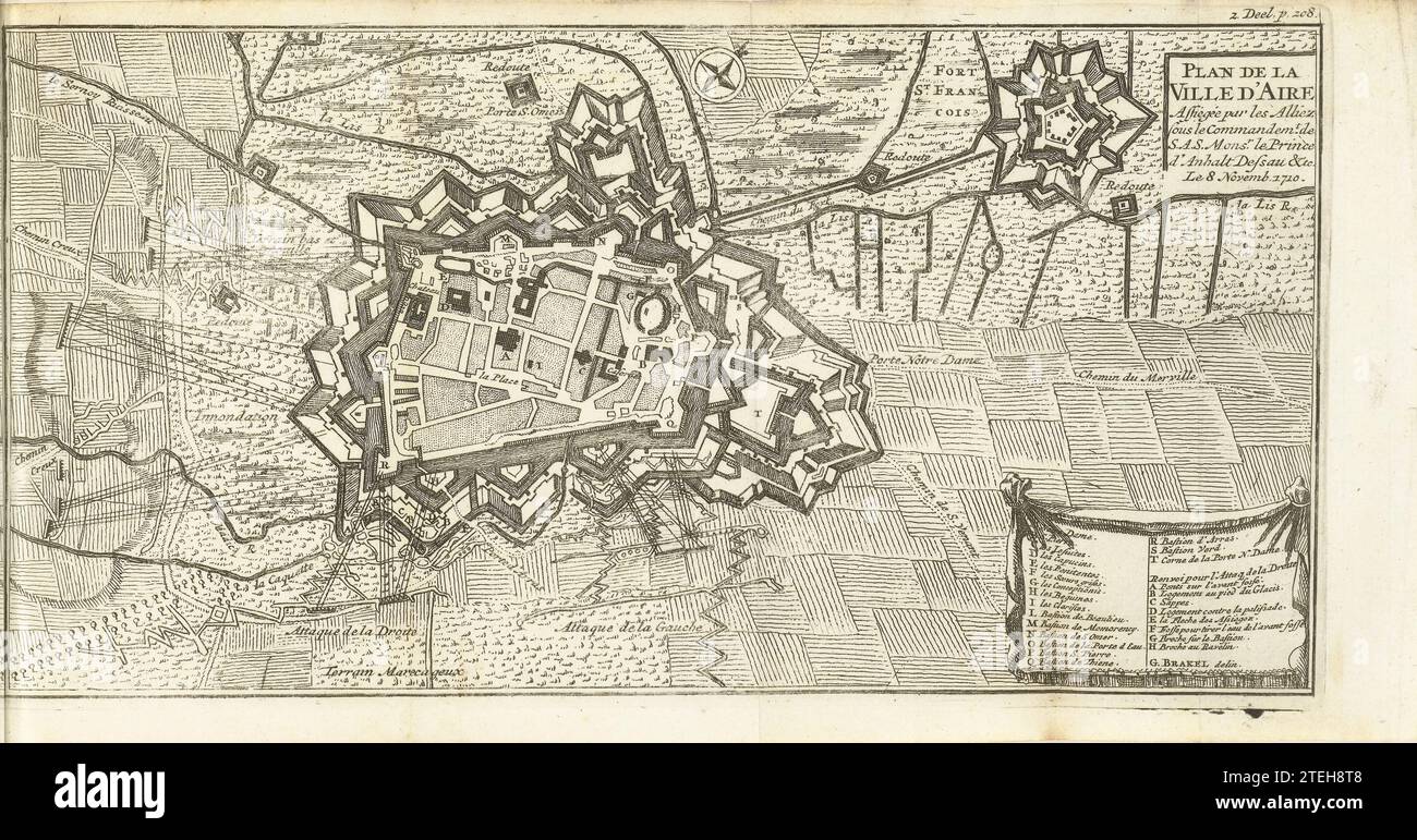 Assedio di Aire, 1710, 1714 - 1716 Mappa di Aire, assediata e presa dagli Alleati, 8 novembre 1710. Illustrazione nella traduzione olandese del 1716 di J. Lamigue, The Life of His Hoogheit Johan Willem Friso, dl. II, pag. 208/209. Tipografia: Northern Netherlandspublisher: Amsterdam paper etching Aire-sur-la-Lys Mappa di Aire, assediata e presa dagli Alleati, 8 novembre 1710. Illustrazione nella traduzione olandese del 1716 di J. Lamigue, The Life of His Hoogheit Johan Willem Friso, dl. II, pag. 208/209. Tipografia: Olanda settentrionale spublisher: Amsterdam paper etching Aire-sur-la-Lys Foto Stock