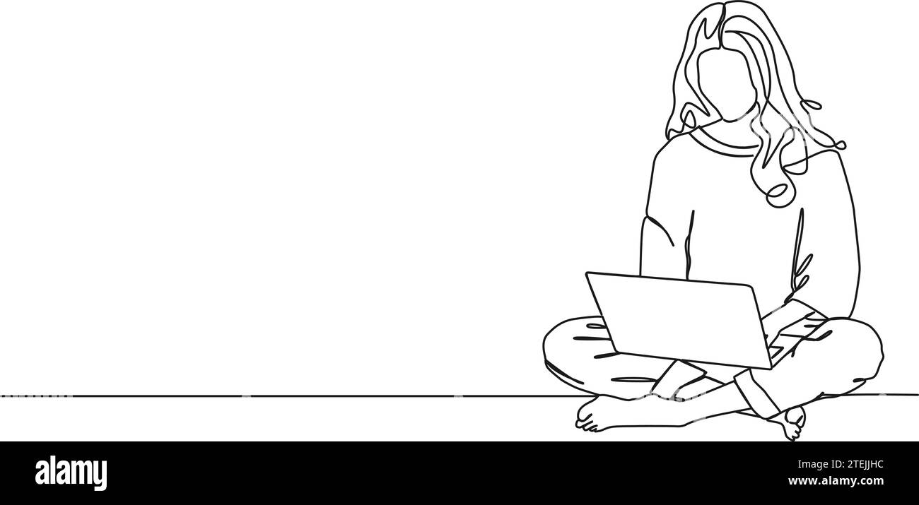 disegno continuo a riga singola di una donna seduta a gambe incrociate sul pavimento utilizzando un computer portatile, illustrazione vettoriale di line art Illustrazione Vettoriale