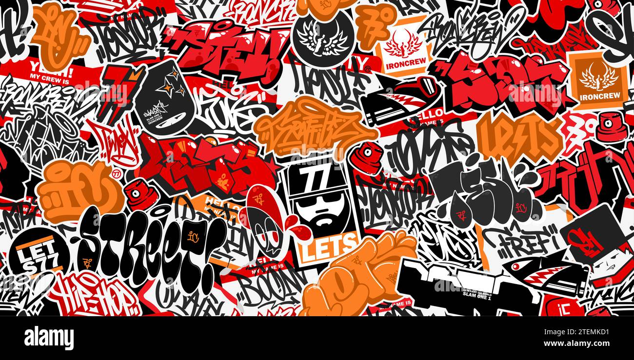 Sfondo lettering Street Art con adesivi Urban Graffiti colorati e alla moda astratti senza cuciture Illustrazione Vettoriale